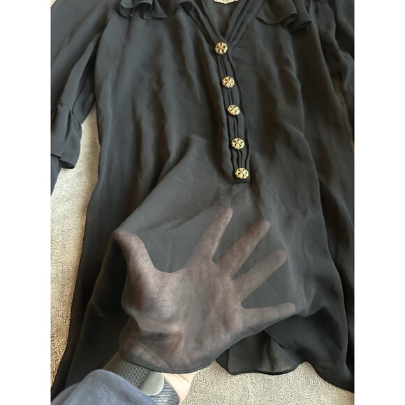 VTG Y2K Twelve by Twelve Black Sheer Ruffle Long Sleeve Blouse Gold Button Goth - Picture 3 of 7